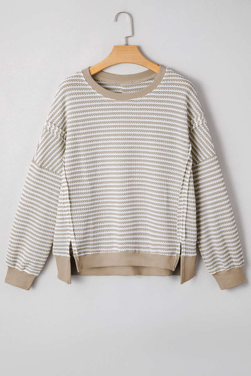Brown Stripe Ribbed Trim Drop Shoulder Long Sleeve Oversize Top