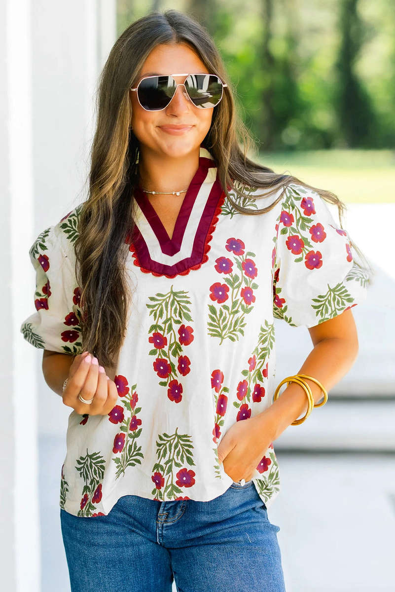White Floral Short Bubble Sleeve Contrast Slit Neckline Blouse