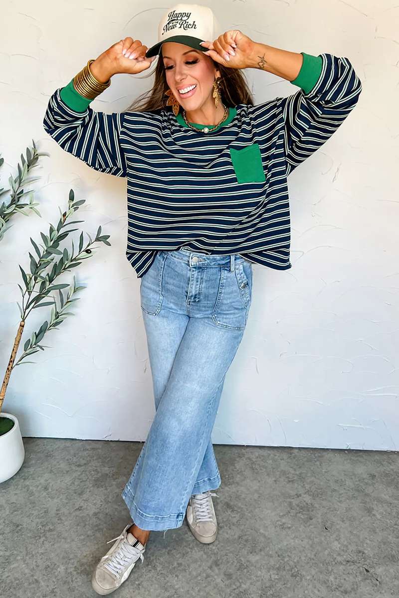 Green Stripe Ribbed Color Block Patchwork Crew Neck Patch Pocket Long Sleeve Top