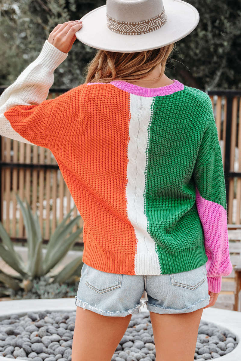 Desert Gold Color Block Textured Knit Drop Shoulder Loose Fit Sweater