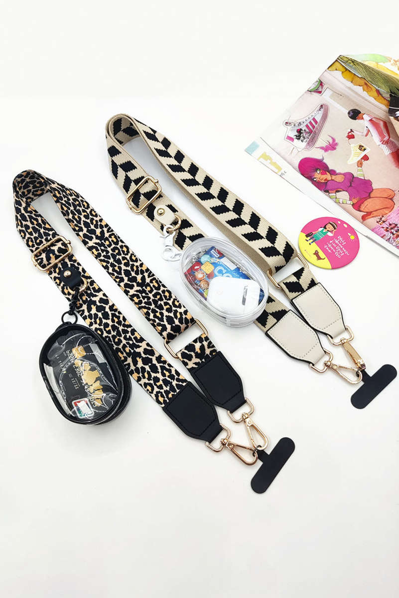 Black Leopard Adjustable Phone Hanging Shoulder Strap with Pouch