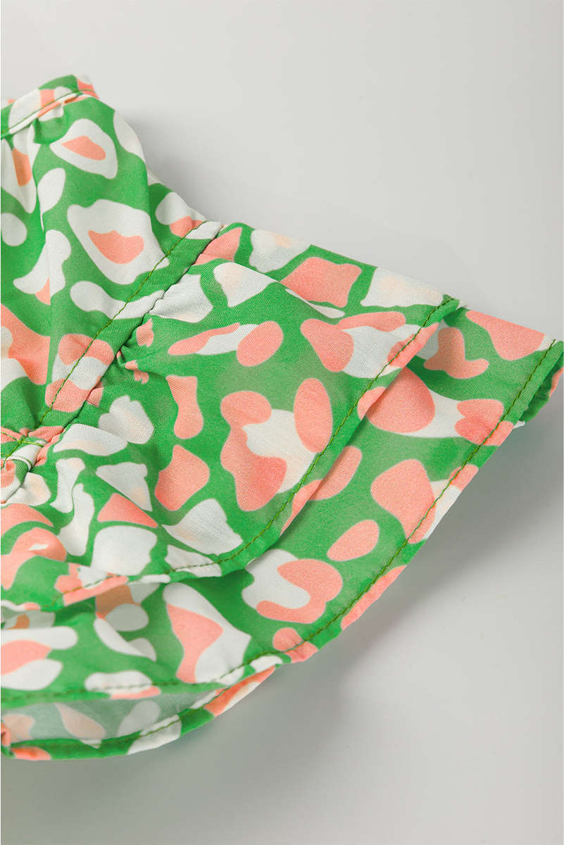 Green Abstract Leopard Tied Front Flutter Sleeve Blouse