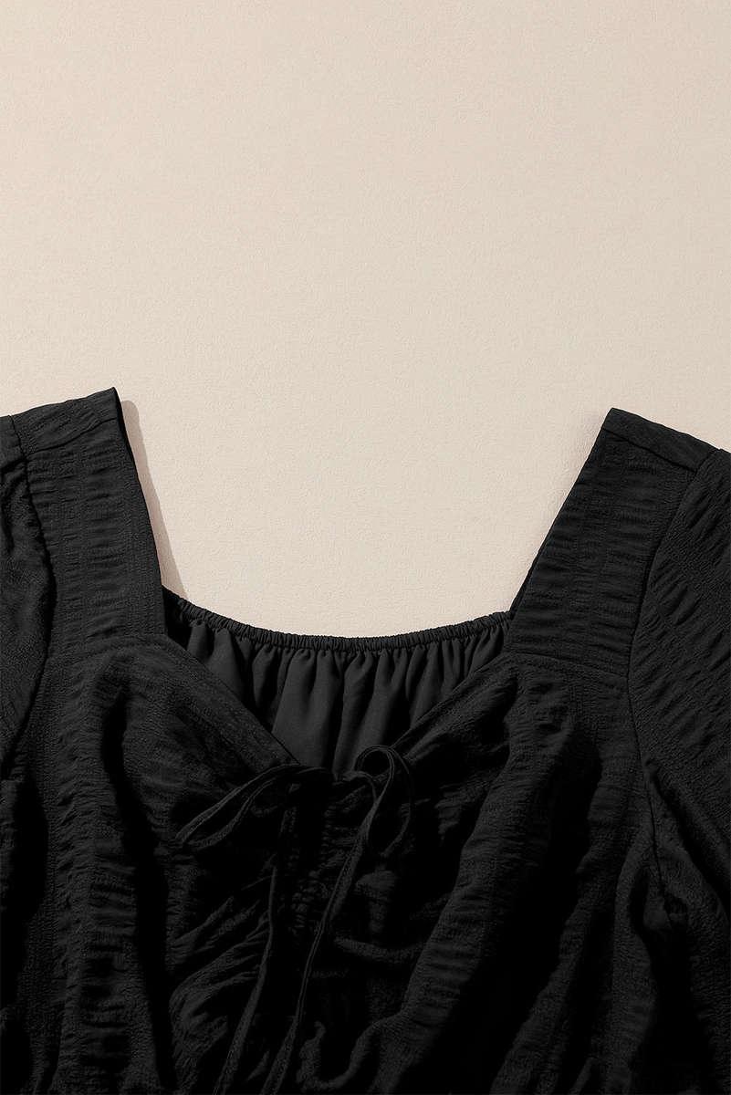 Black Lace-up Ruched Front Long Sleeve Ruffle Hem Plus Size Midi Dress