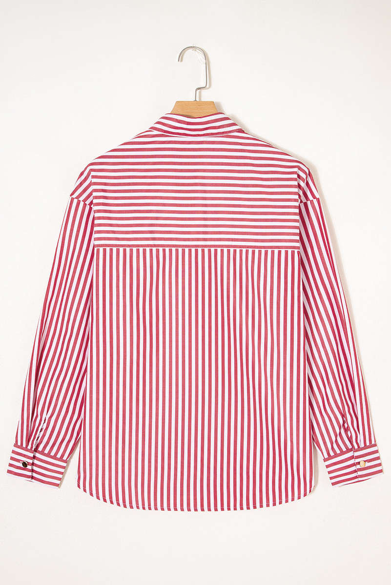 Red Stripe Patched Pocket Side Slit Loose Shirt