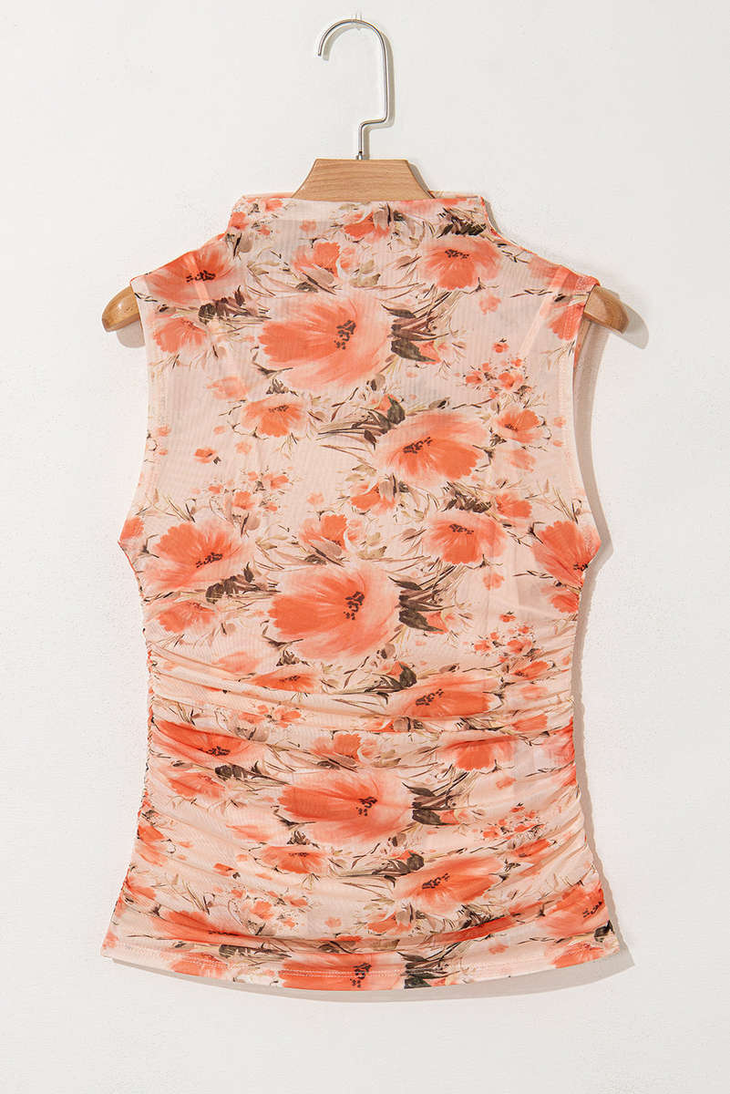 Red Mesh Floral Printed Slim Fit Tank Top