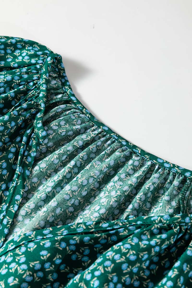 Green Boho Chic Notched V Neck Plus Floral Short Sleeve Top