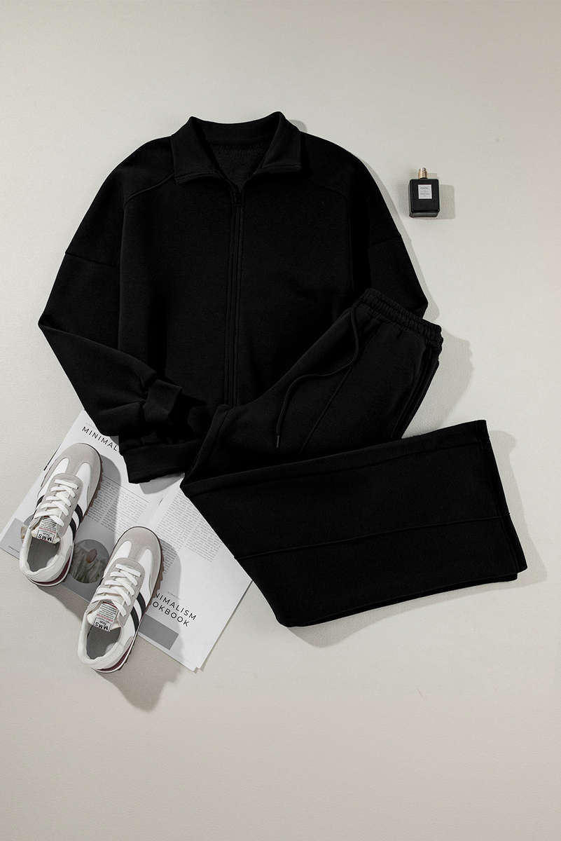 Black Drop Shoulder Zip Up Jacket Drawstring Pants Active 2pcs Set