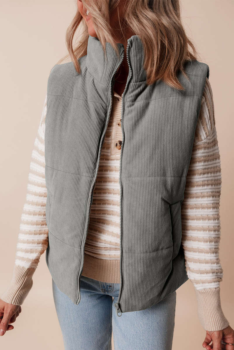 Gray Corduroy Stand Neck Zipped Puffer Vest