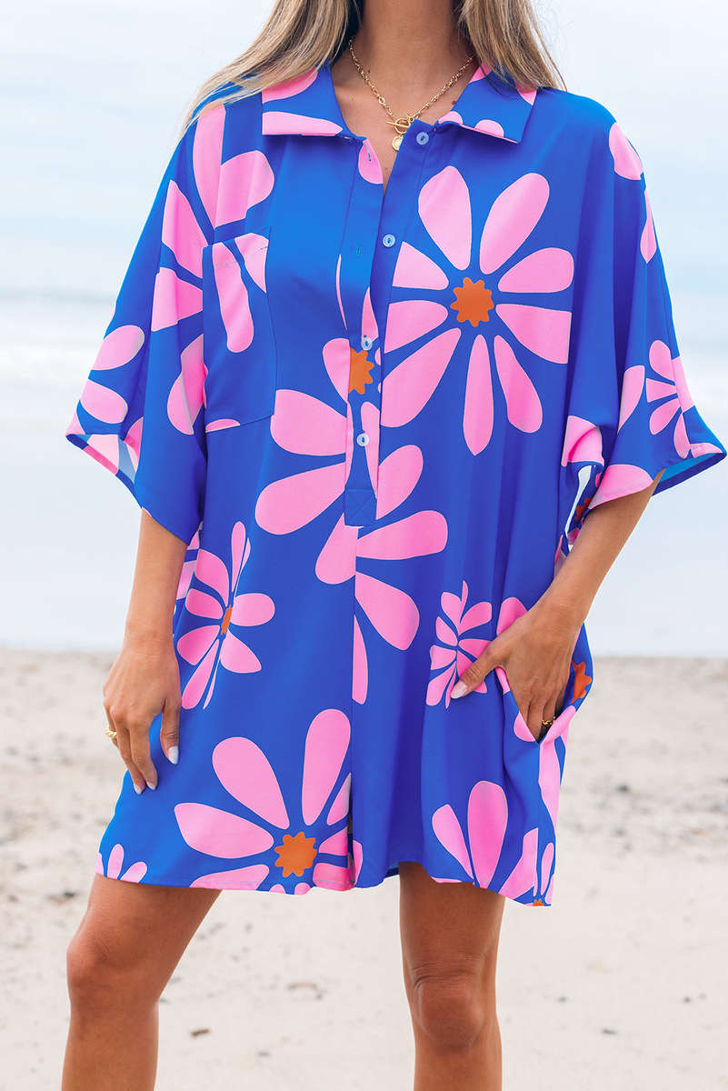 Blue Summer Flower Print Shirt Collar Button Front Loose Romper