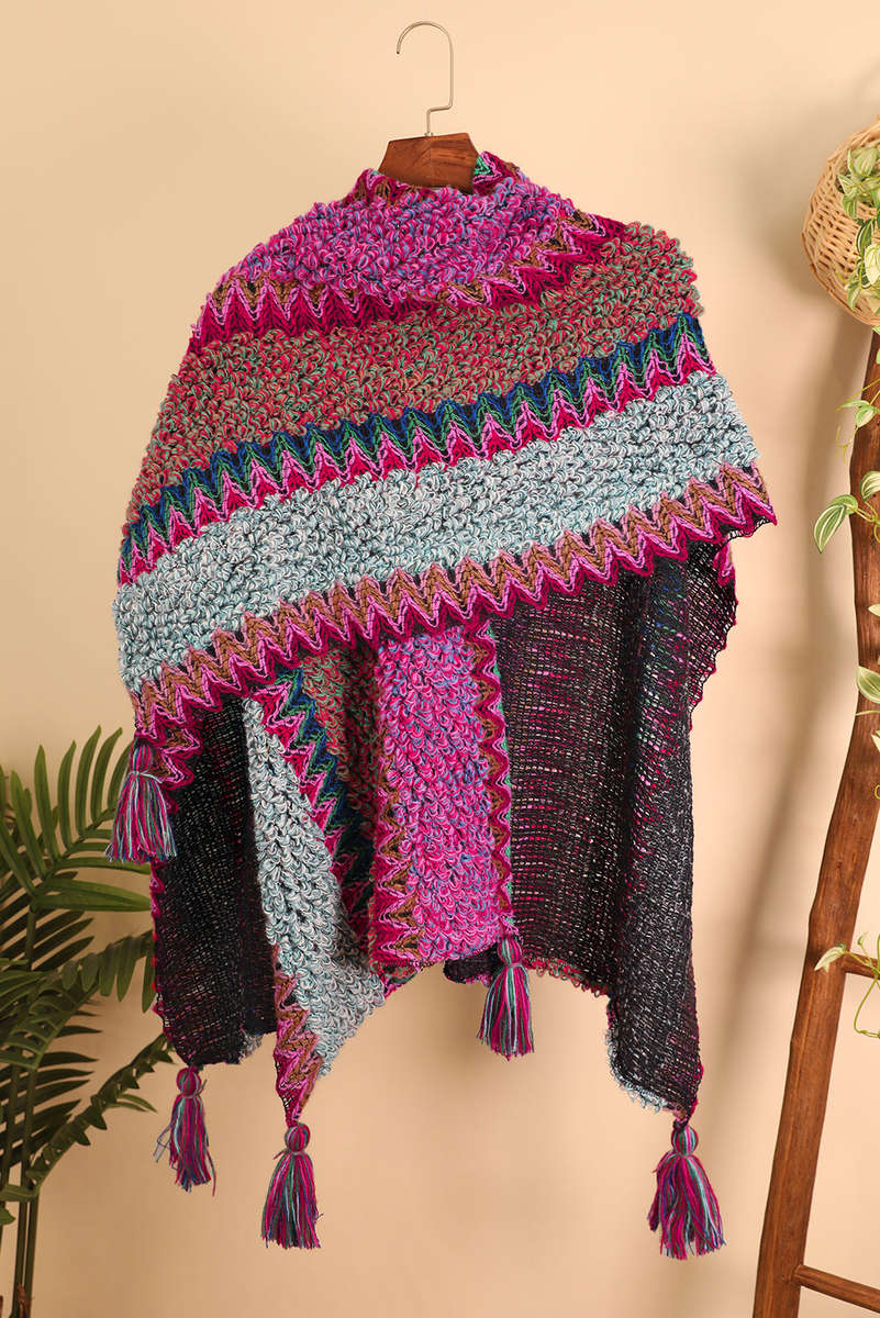 Rose Red Ethnic Knit Shawl Wrap Cape Sweater Thickened Tassel Poncho Cloak