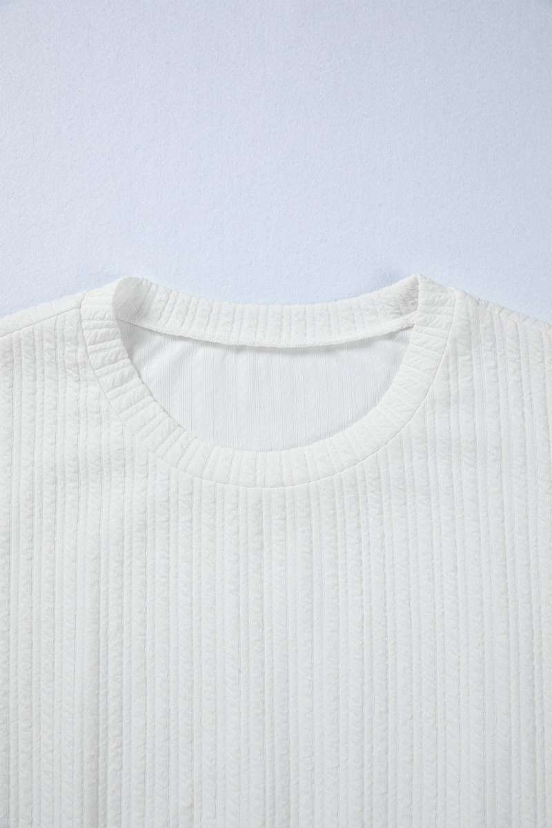 White Solid Color Textured Drop Shoulder Long Sleeve Peplum Top