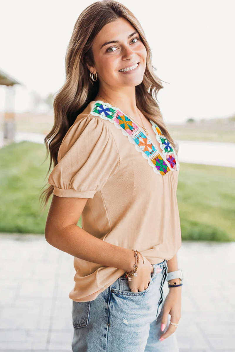 Pale Chestnut Crochet Floral V Neck Textured Short Sleeve Blouse