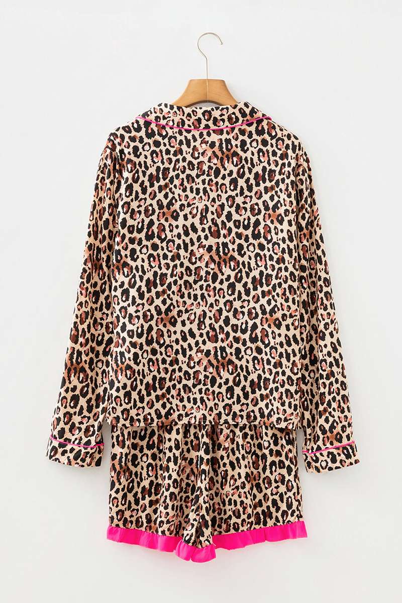 Light French Beige Leopard Print Contrast Trim Long Sleeve Shirt Drawstring Ruffle Hem Short Set