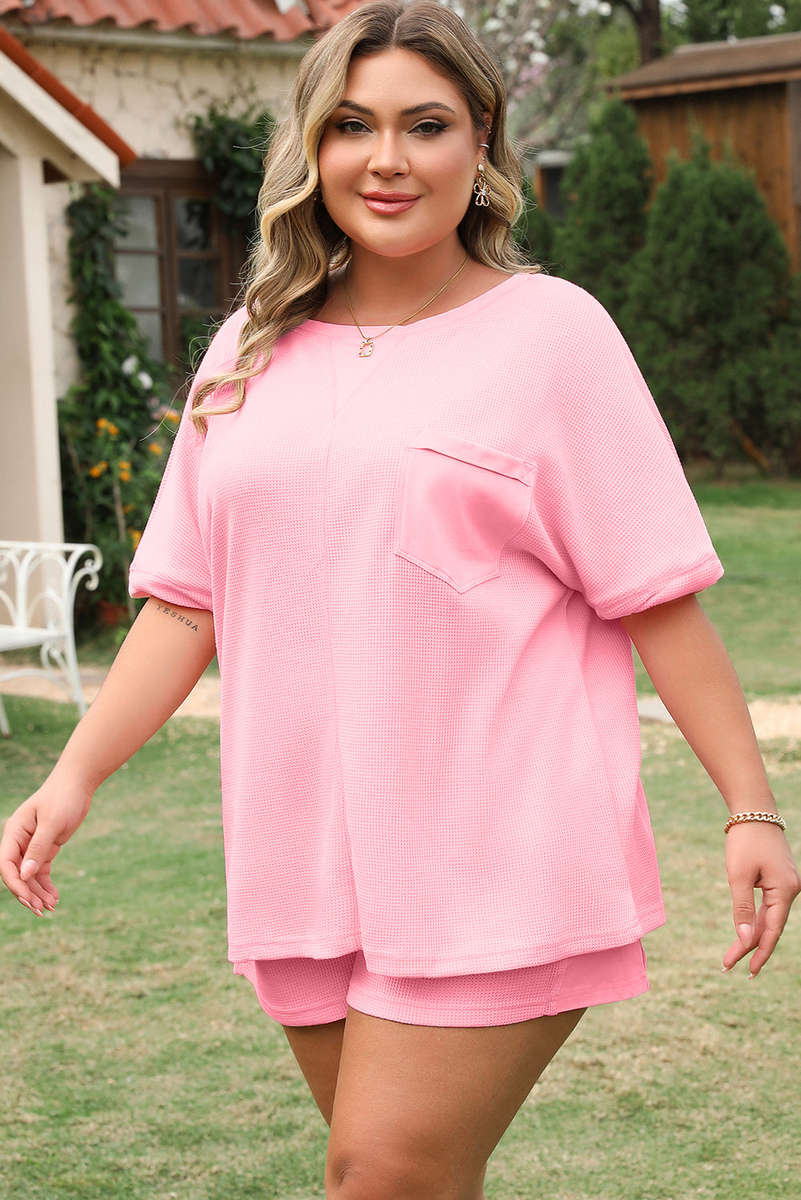 Pink Plus Size Ribbed Exposed Seam Tee and Shorts Set