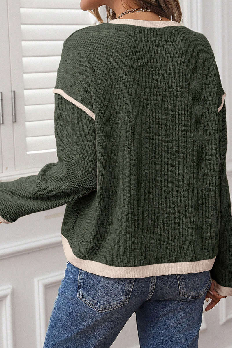Four Leaf Clover Contrast Color Trim Knit Drop Shoulder Loose Top