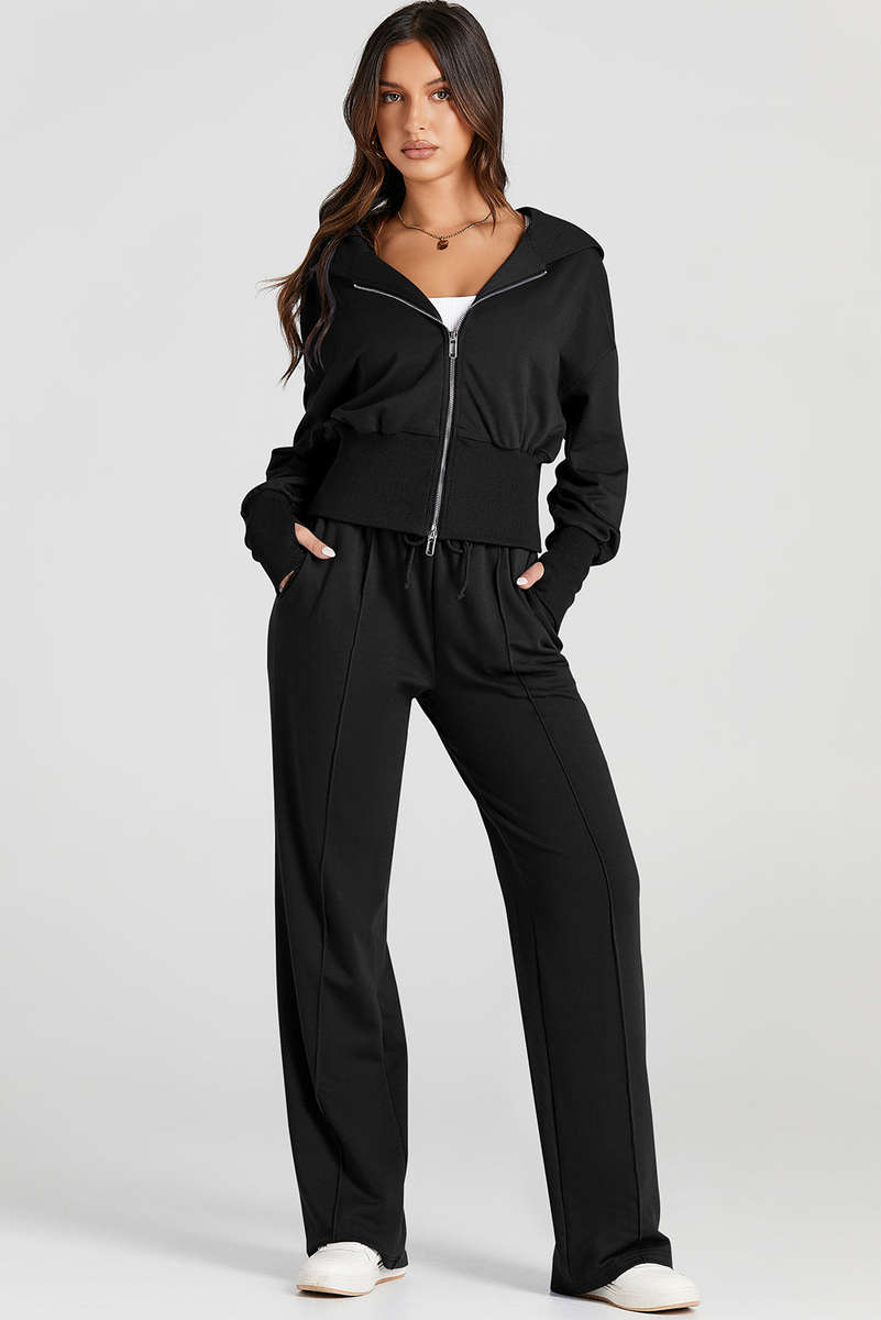 Black Double Zipper Hooded Jacket and Sweatpants Active Set