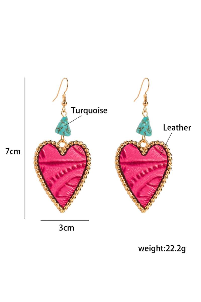 Rose Red Playful Heart Dangle Turquoise Detail Open Hook Earrings