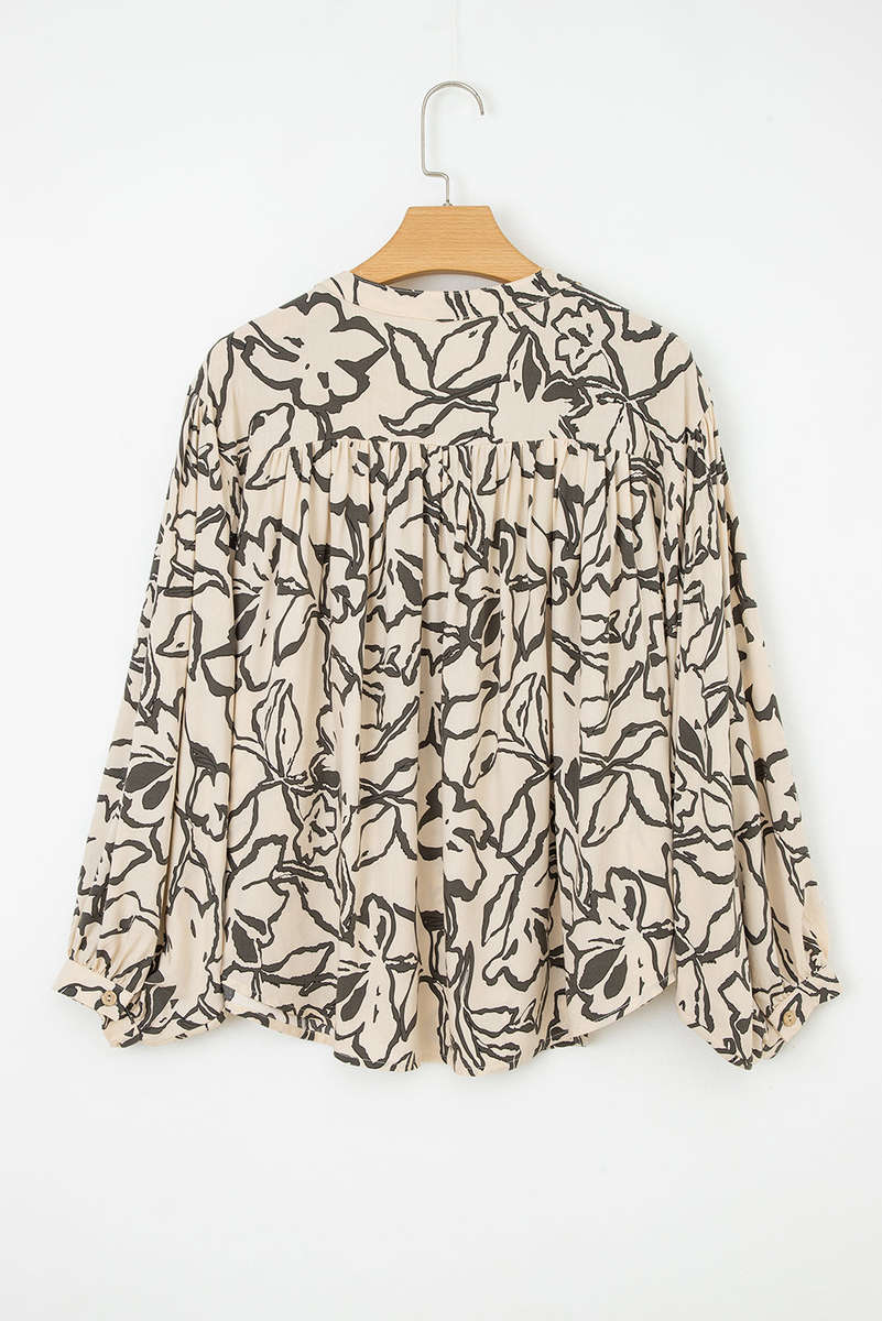 Gray Morn Floral Print Batwing Sleeve Buttoned Loose Fit Shirt
