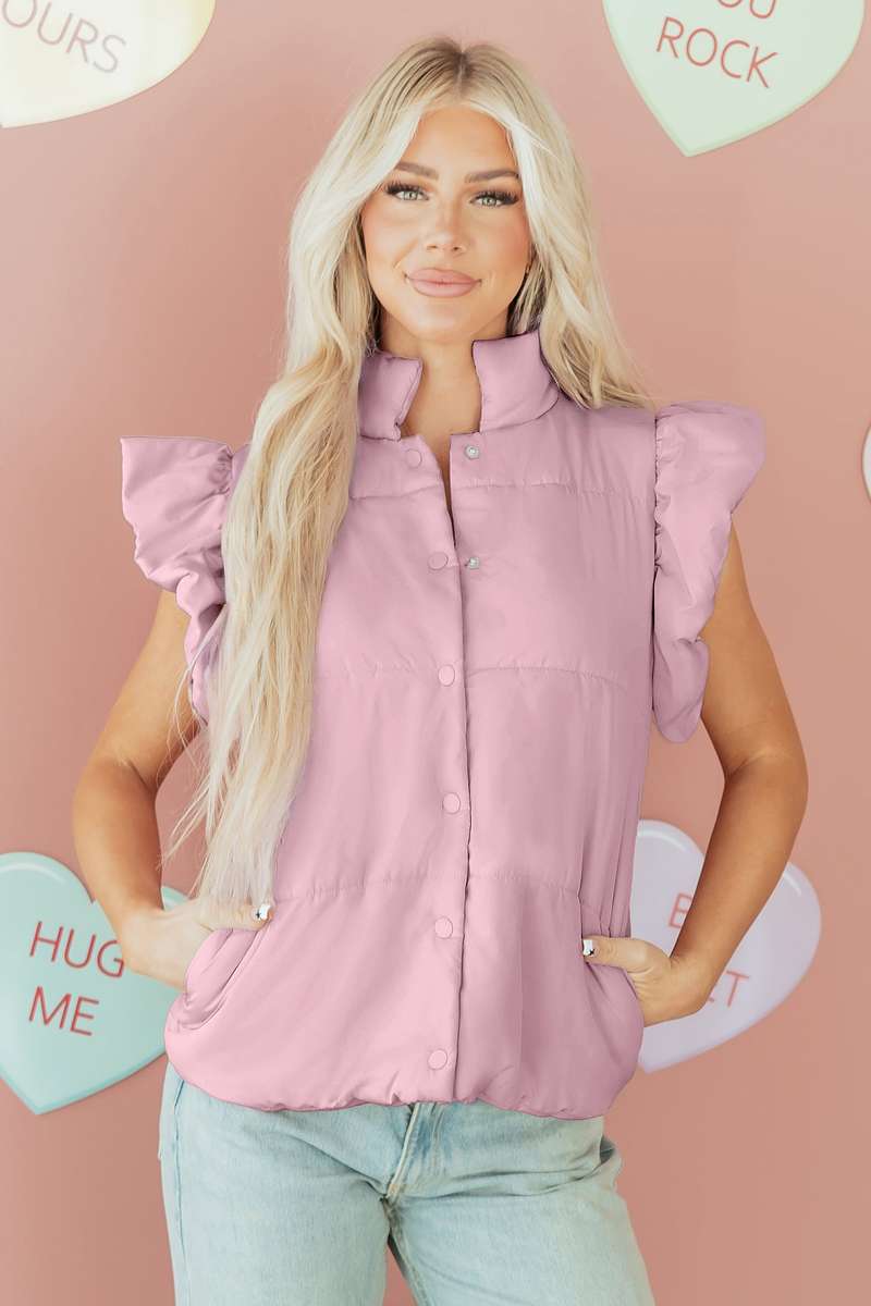 Pink Stand Neck Flutter Sleeve Snap Button Puffer Vest