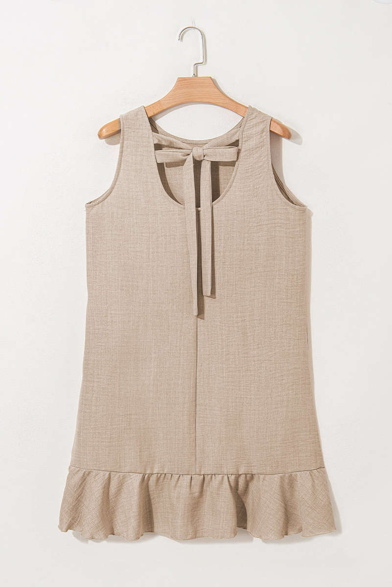 Smoke Gray Knot Scoop Back Ruffle Hem Sleeveless Mini Dress