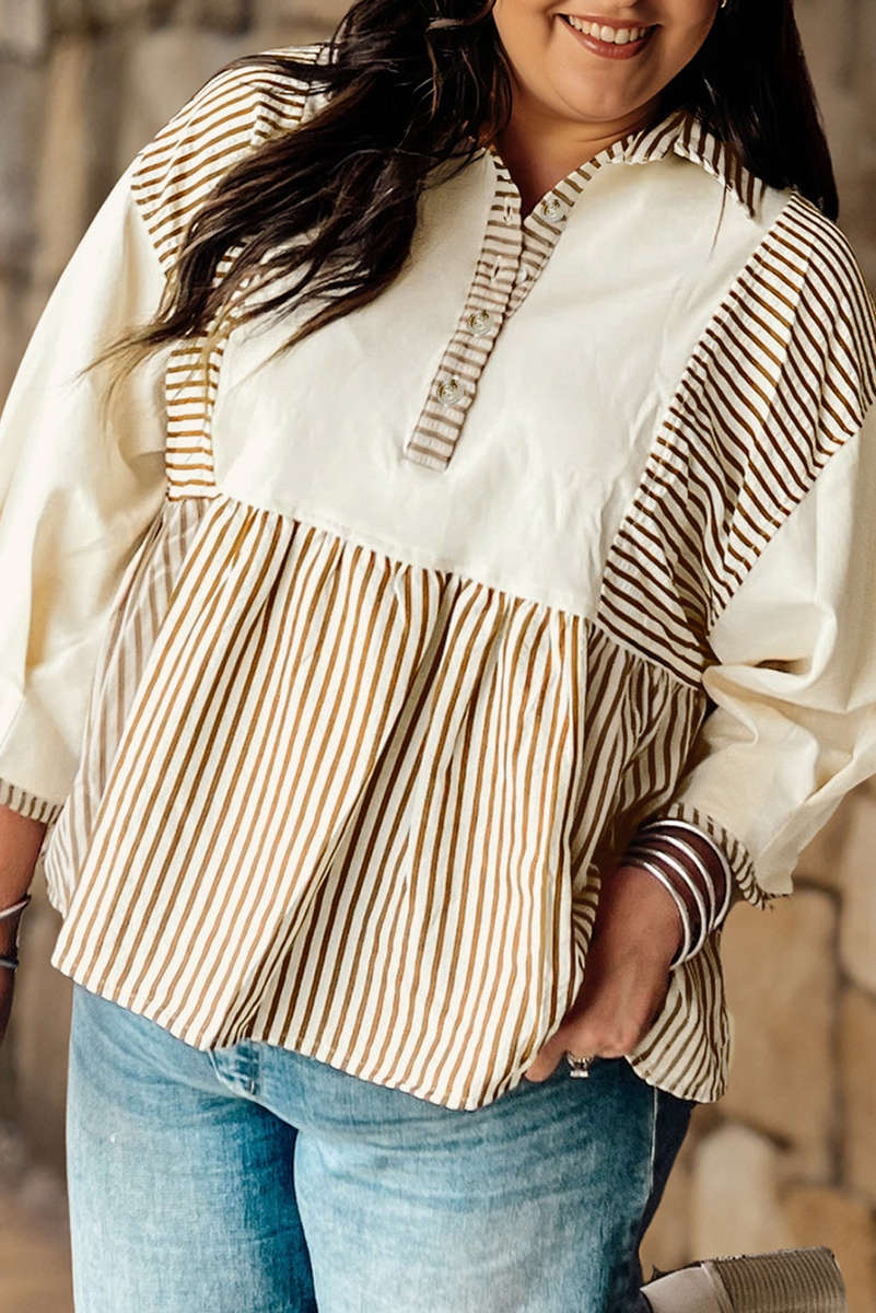 Khaki Stripe Plus Size Color Block Patchwork Half Button Long Sleeve Peplum Blouse