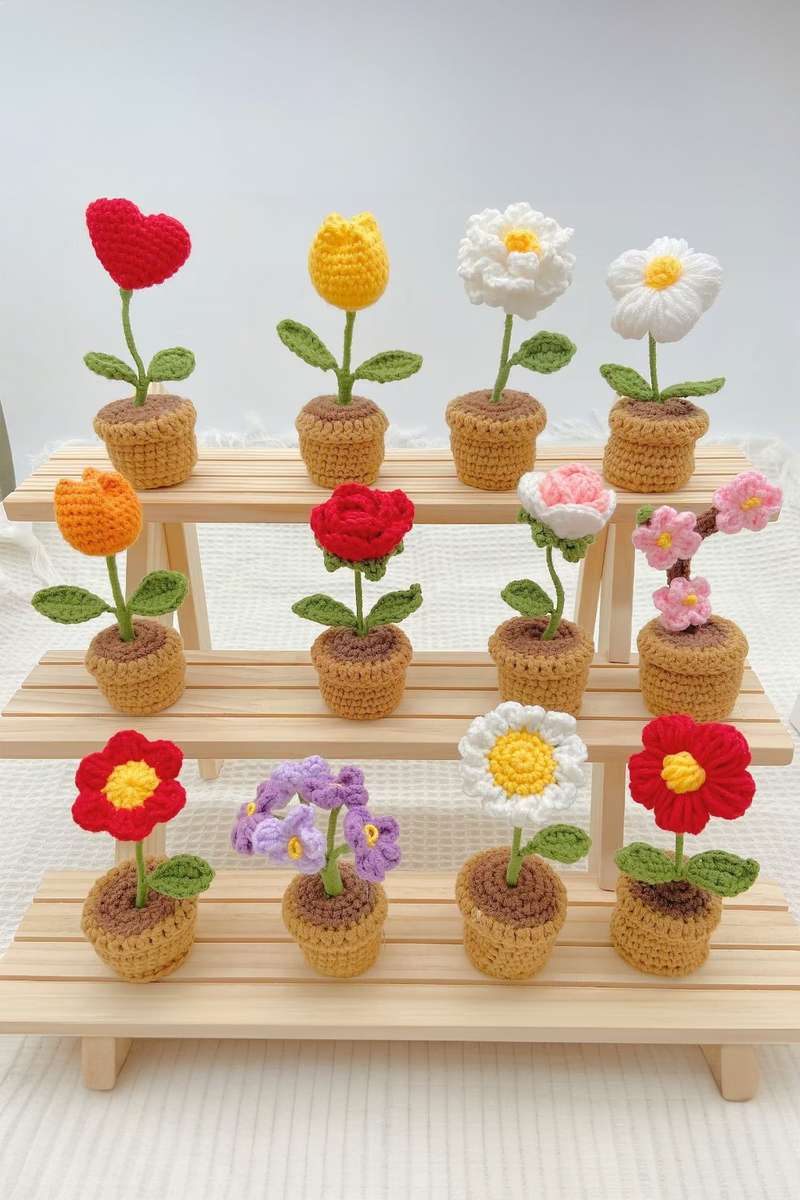 Fiery Red Crochet Rose Flower Plant Pot Decoration