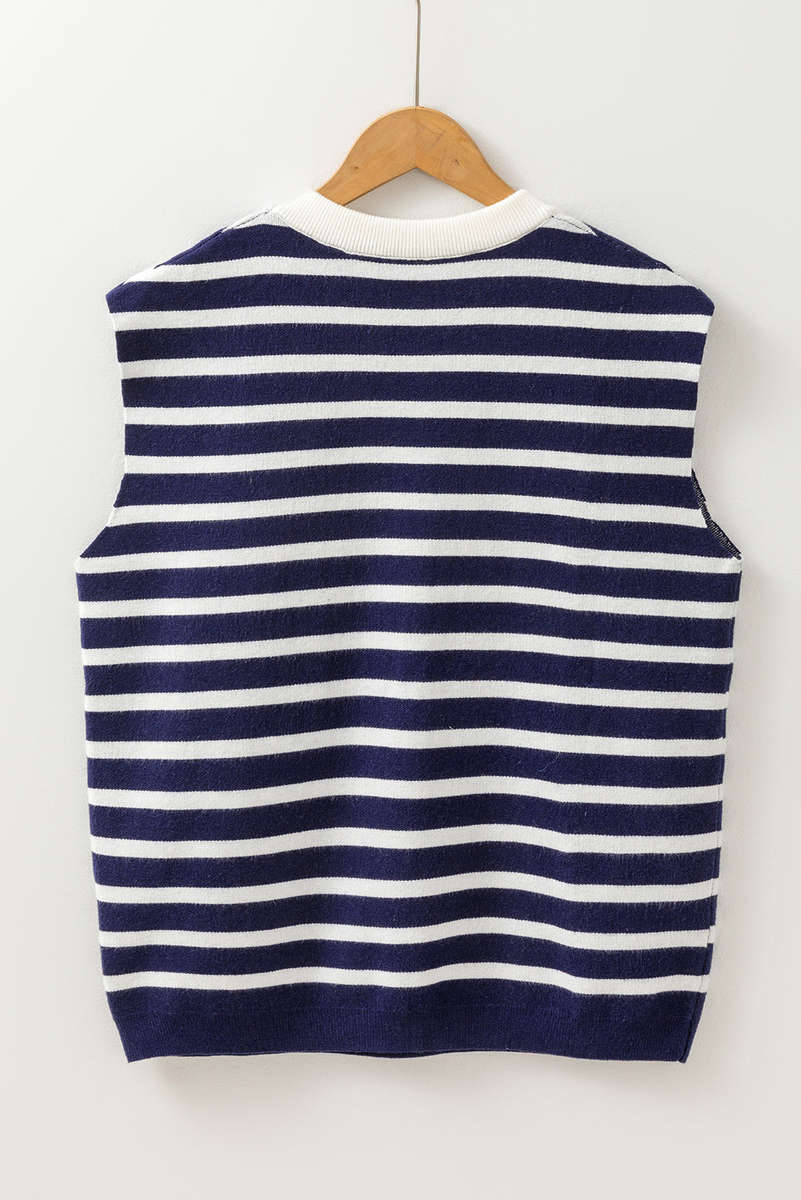 Blue Stripe Knitted Bow Decor Sweater Vest