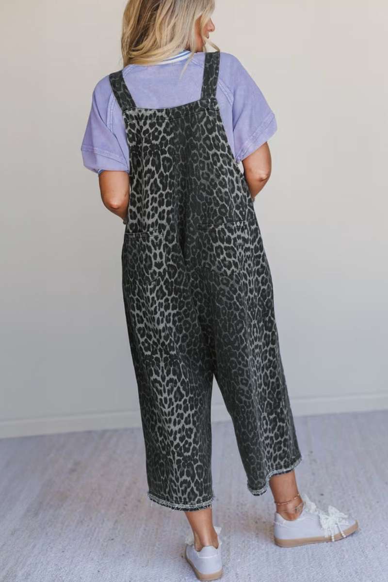 Gray Leopard Print Button Adjustable Straps Cropped Loose Denim Overalls