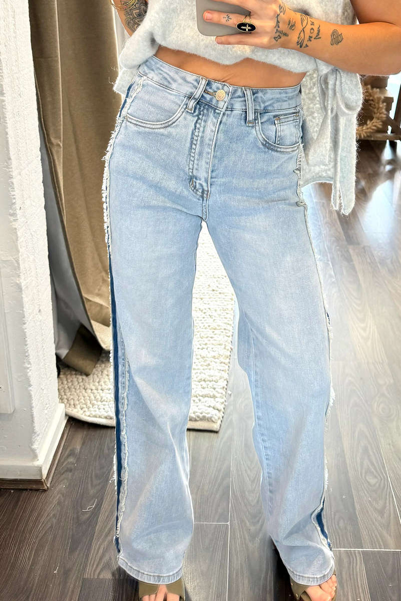Beau Blue Contrast Stripe Frayed Side Panel Patchwork Shift Jeans