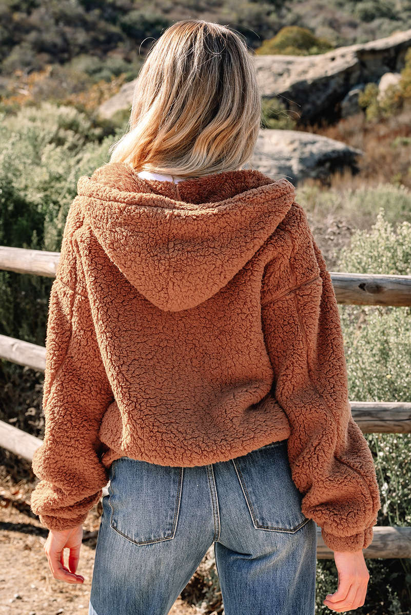 Straw Yellow Zip Up Hooded Sherpa Jacket