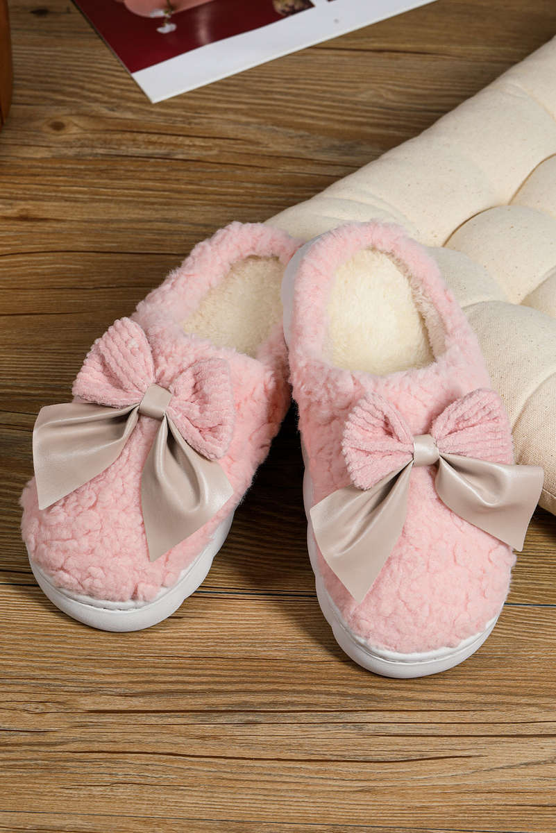 Pink Contrast Bowknot Applique Plush Winter Slippers (Bow Colors May Differ by Batch)