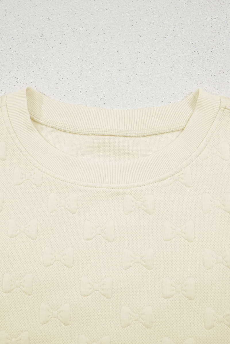 White Bow Jacquard Ruffle Sleeve Short 2pcs Outfit