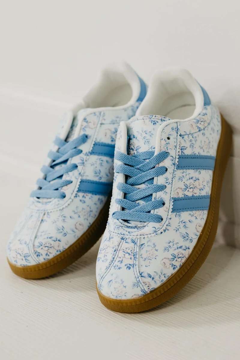 Light Blue Floral Print Lace-up PU Leather Flat Shoes