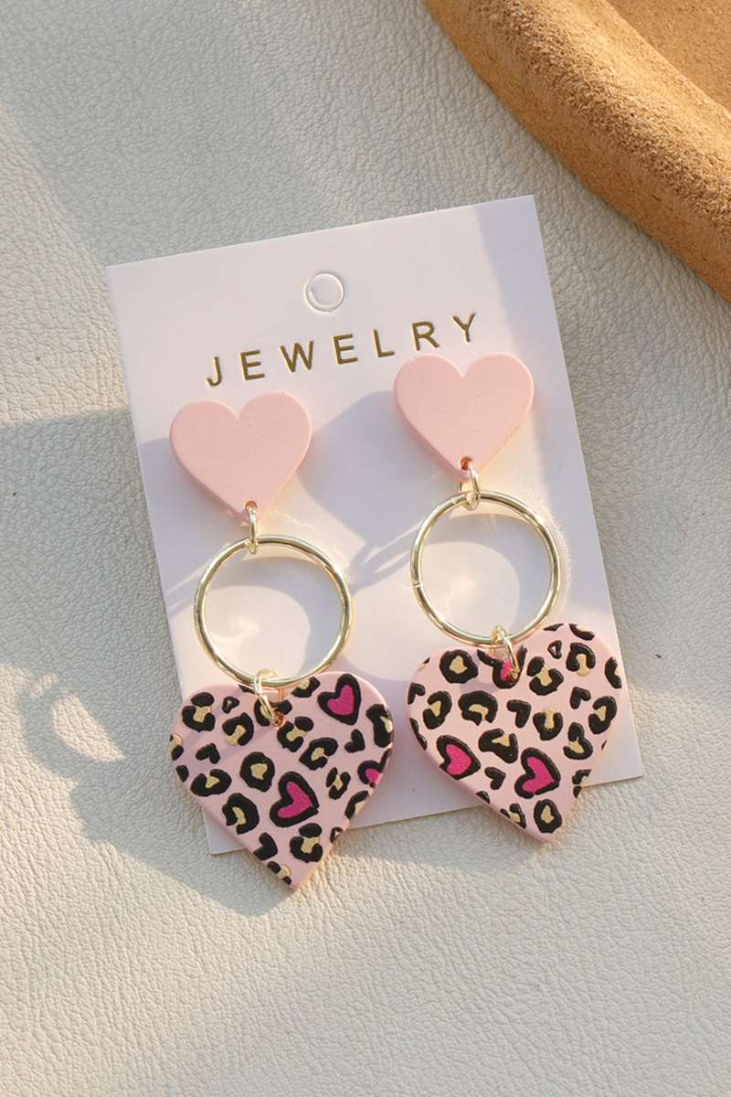 Pink Leopard Double Heart Golden Hoop Dangle Earrings