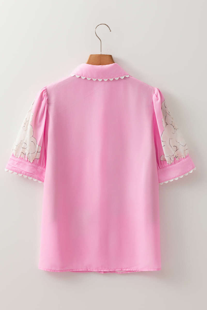 Rose Floral Ric Rac Edge Puff Sleeve Button Up Summer Shirt
