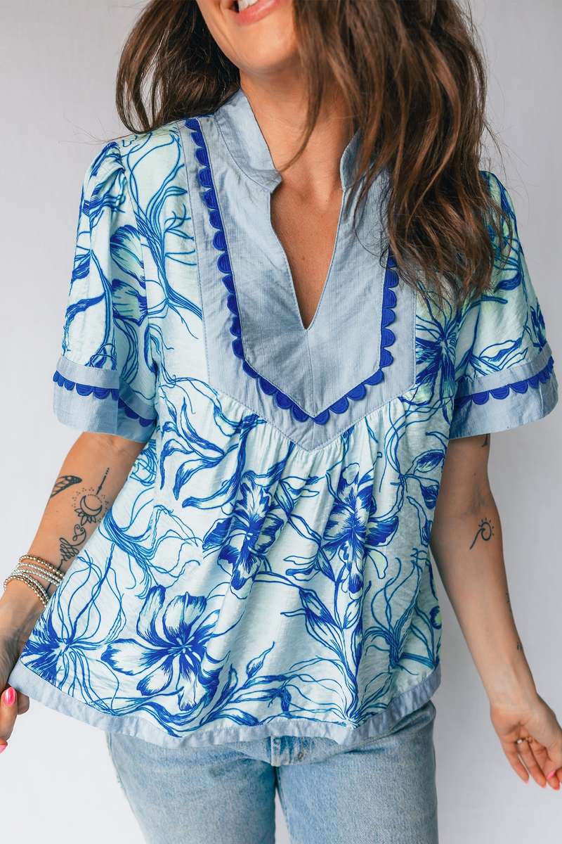 Sky Blue Ricrac Trim Slit V Neck Short Sleeve Floral Blouse