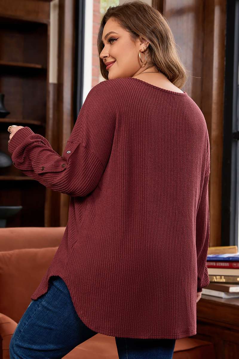 Wild Ginger Plus Size Ribbed Button Decor Long Sleeve Loose Top