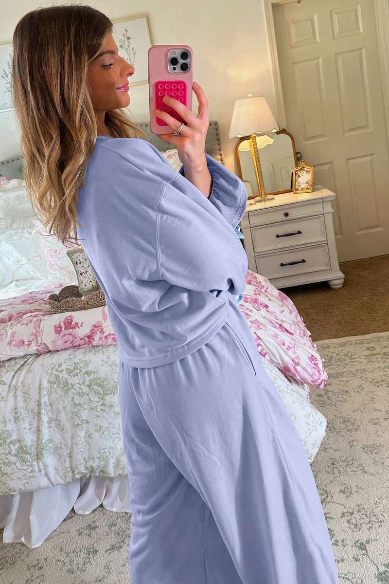 Beau Blue Flounce Long Sleeve Top Drawstring Pants Contrast Velvet Bow Knot 2pcs Lounge Set