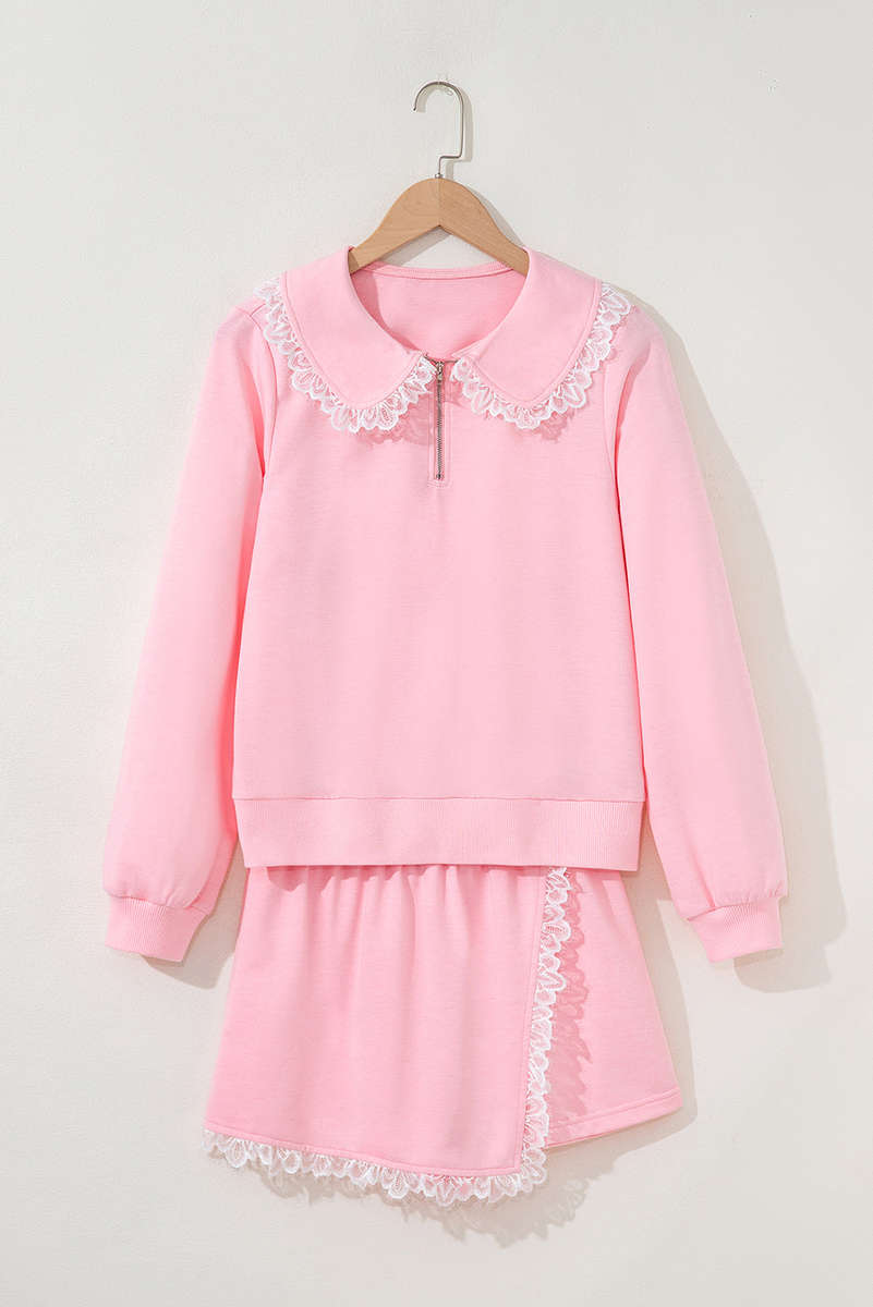 Pink Peter Pan Lace Embellished Neck Collision Sweatshirt and Skirt Two Piece Set