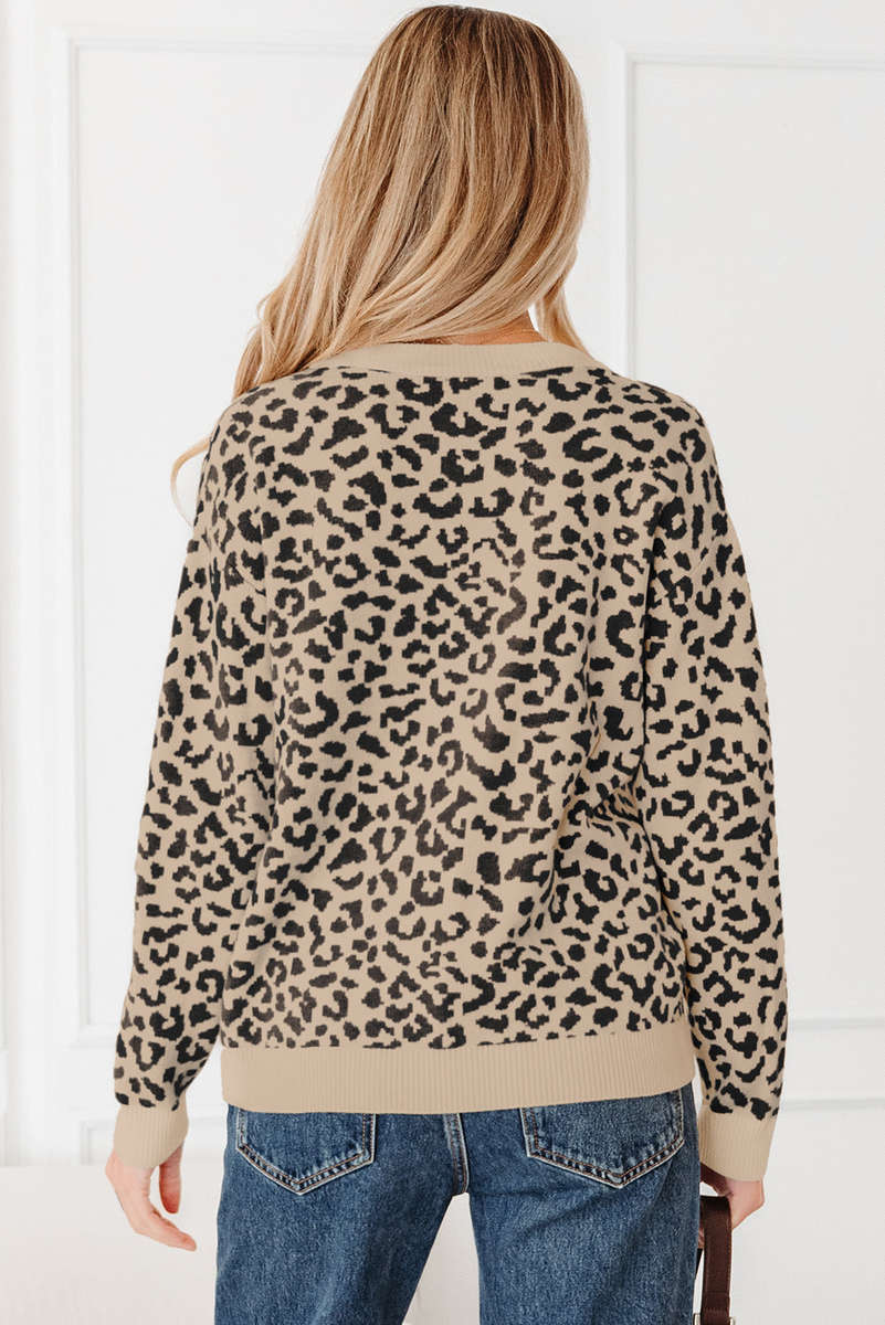 Black Leopard Drop Shoulder Chunky Knitted Cardigan Sweater