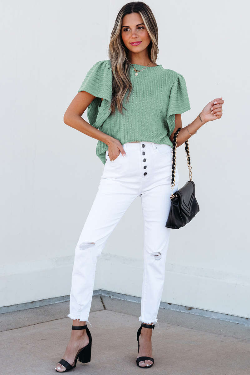 Moonlight Jade Solid Color Textured Flutter Sleeve Top