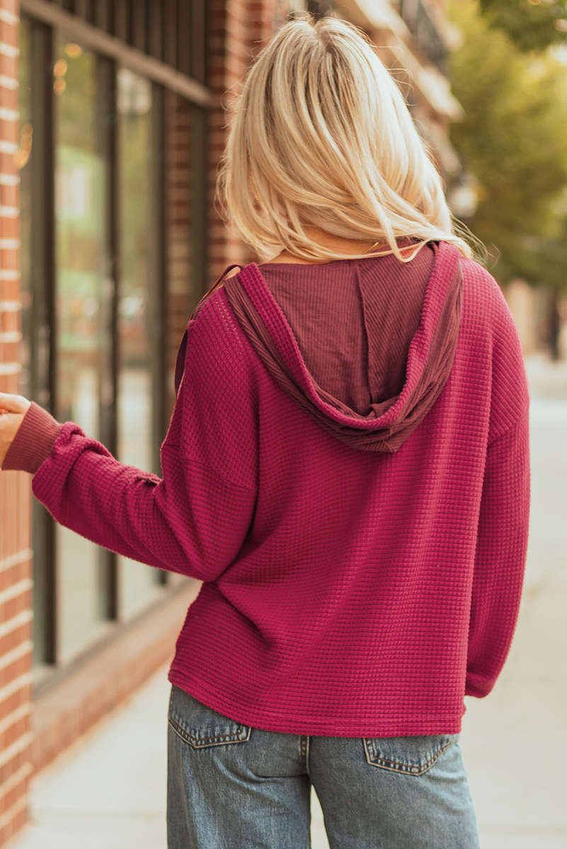 Racing Red Waffle Patchwork Drop Shoulder Hooded Long Sleeve Top