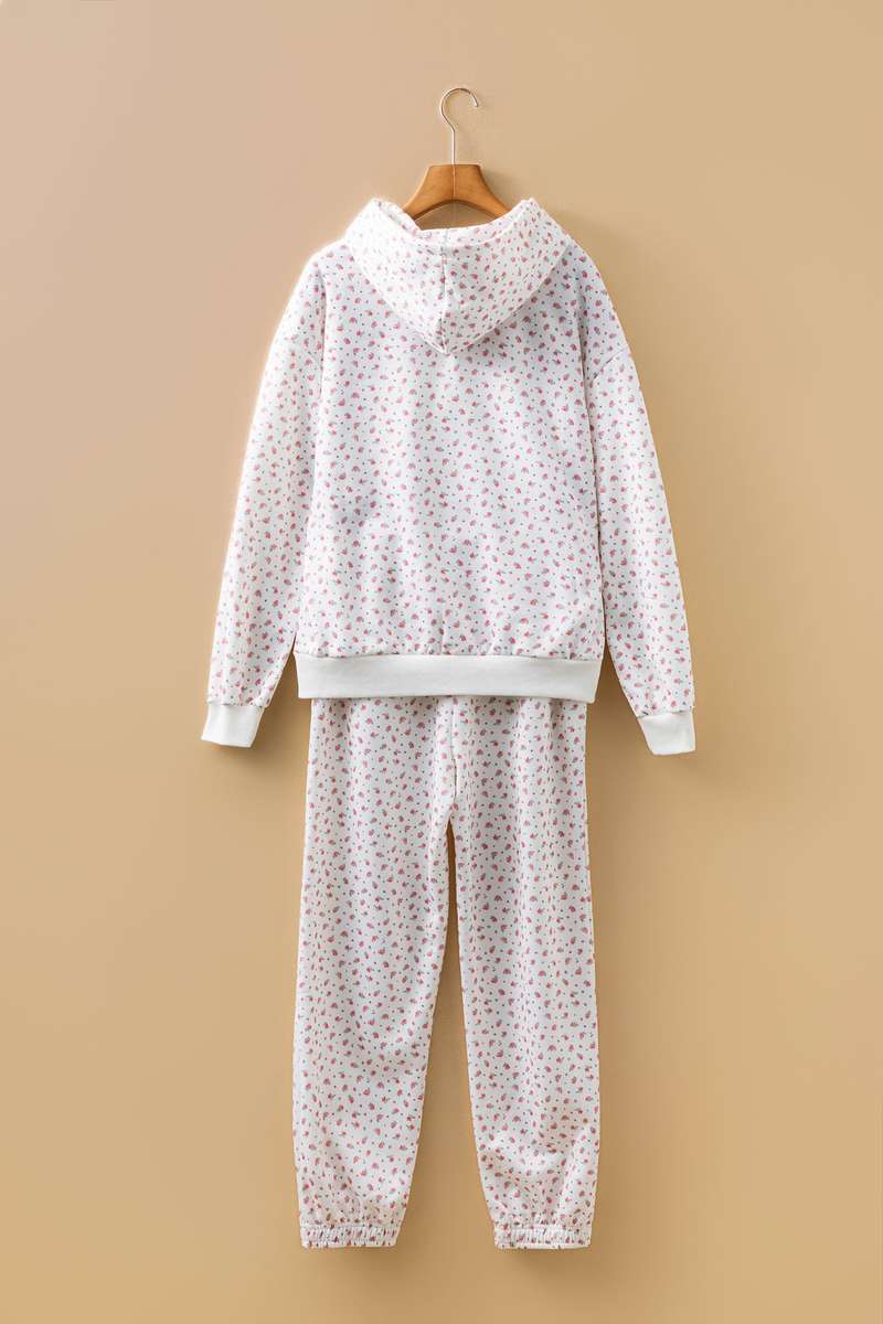 Pink Floral Print Kangaroo Pocket Hoodie Sheath Sweatpants Set