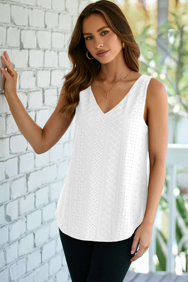 White Eyelet Knit Patterned Loose V Neck Tank Top