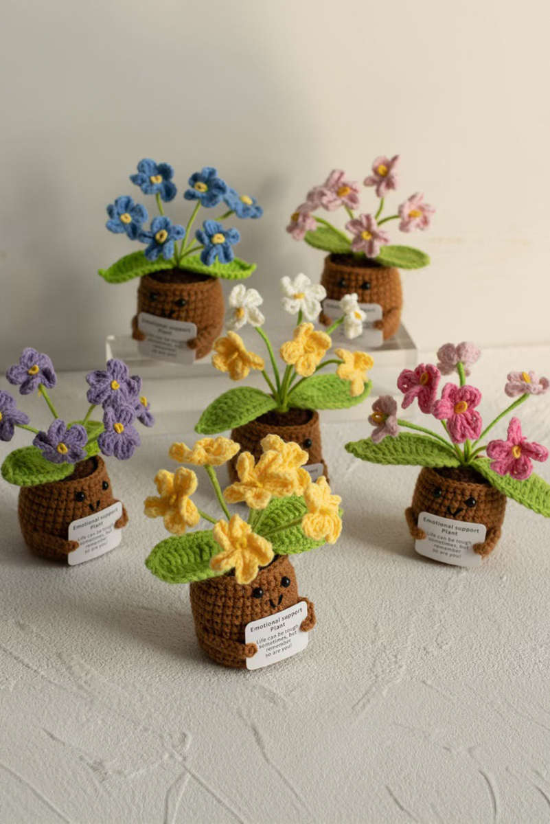 Coffee Handmade Crochet Flower Pot Emotional Support Decoration with Organic Size Variations