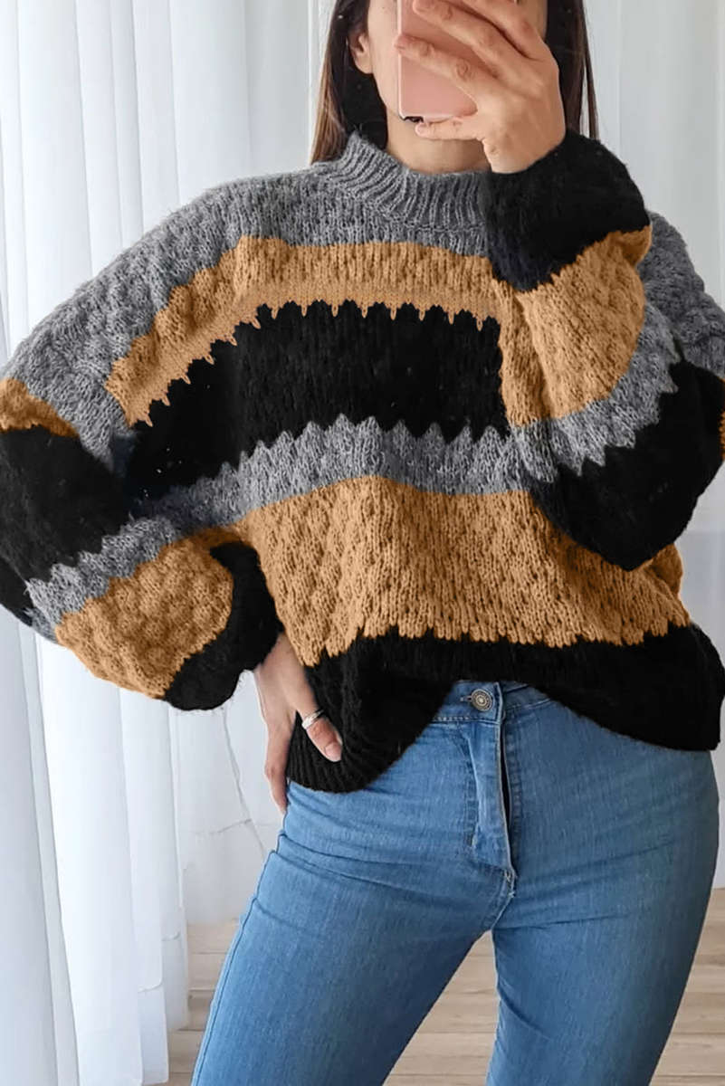 Khaki Color Block High Neck Baggy Sweater