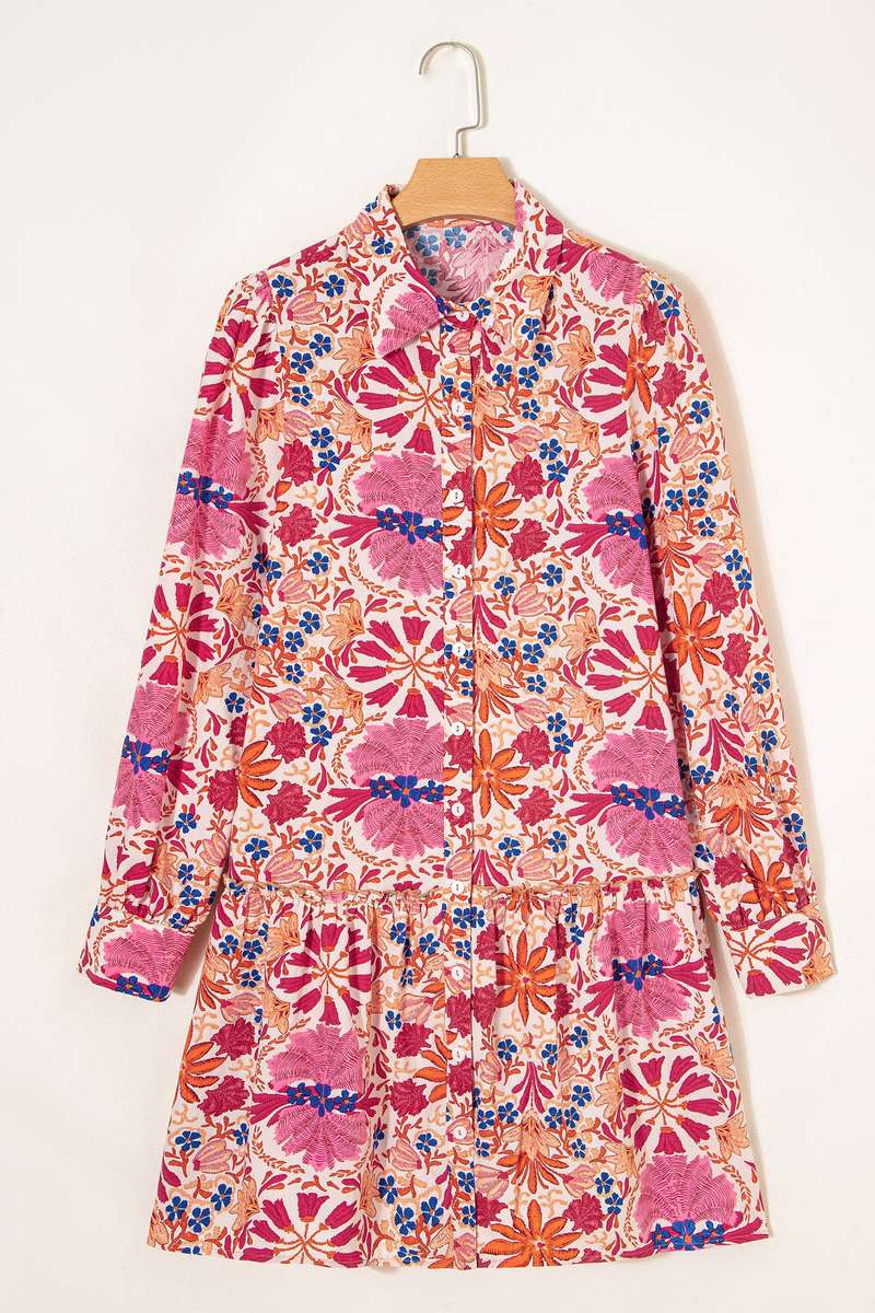 Red Fall Flower Print Long Sleeve Mini Dress