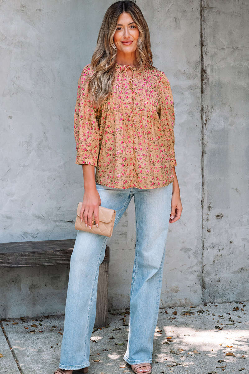 Light French Beige Floral Print Bow Pintuck Bust Half Puff Sleeve Blouse Top