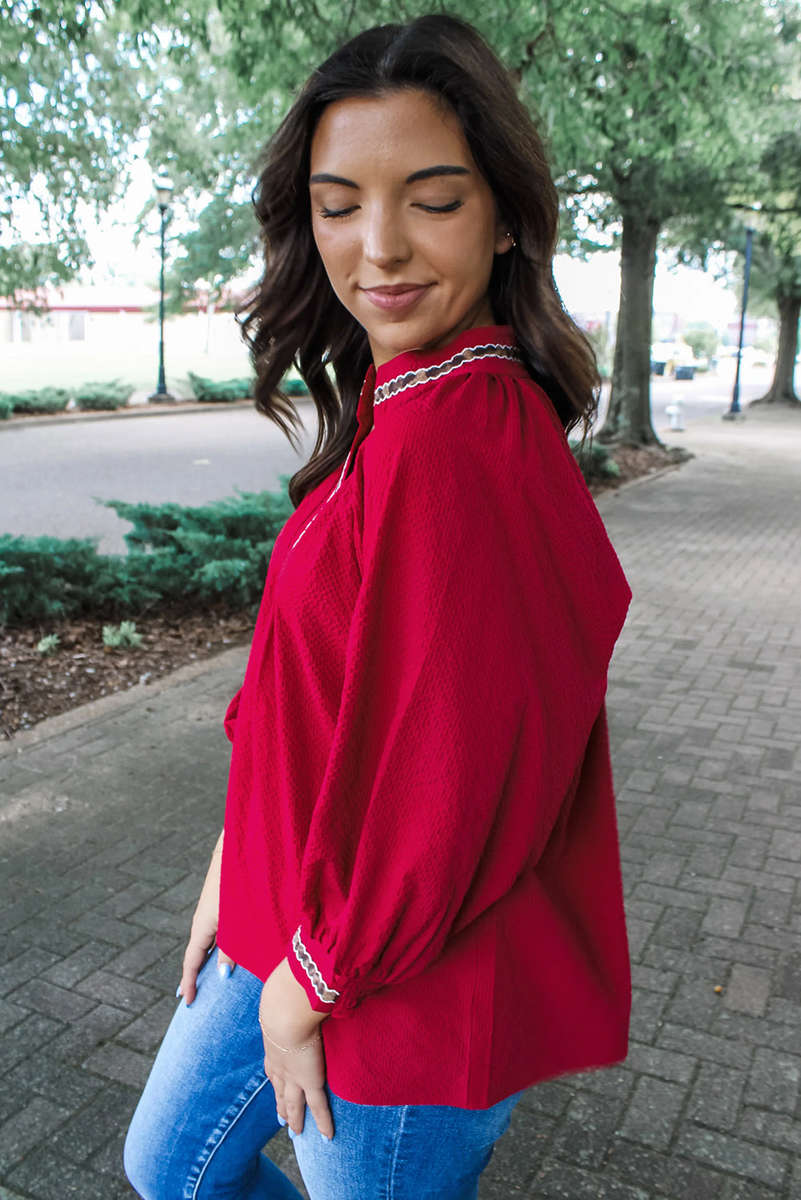 Racing Red Leopard Jacquard Print V Neck Textured Blouse