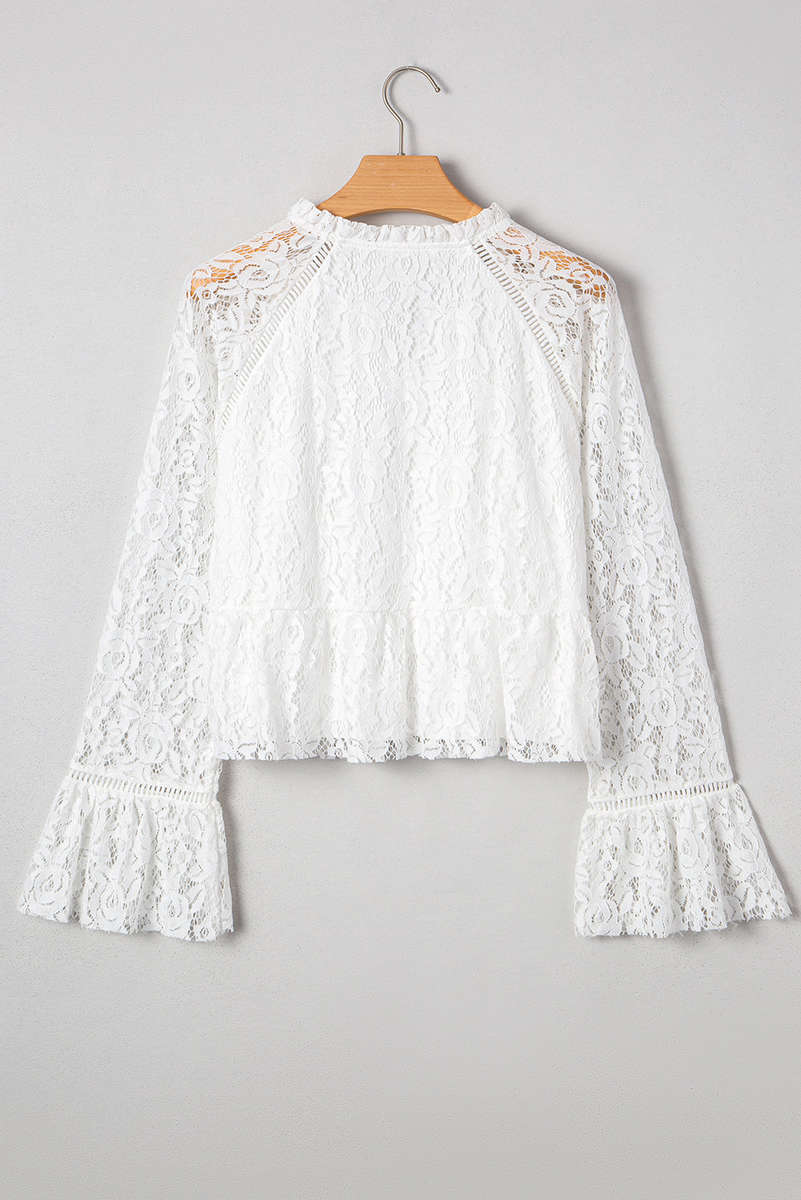 White Tie V Neck Lace Ruffle Detail Long Sleeve Blouse